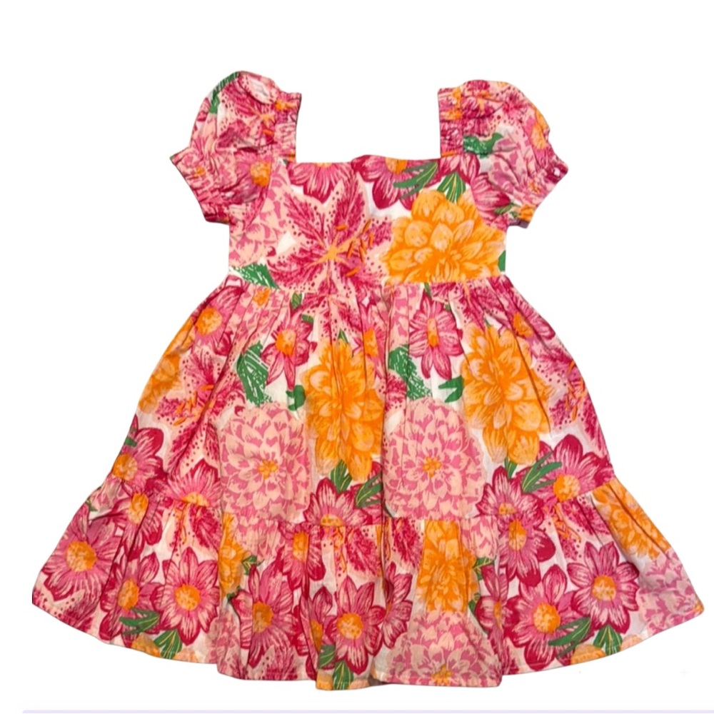 NWOT Joie Girl’s Floral Pink Orange Smocked Short Puff Sleeves A Line Dress 3T